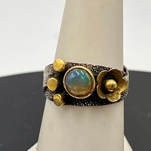 Artisan Pebbled Sterling Silver‎ and Brass 6mm Opal Cabochon Floral Ring Sz 9 - Picture 1 of 11